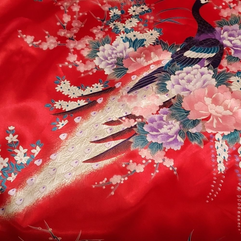 FP in Tokyo Retro Boho Grandmacore Whimsigoth Goth Peacock Satin Kimono Robe L - Picture 7 of 9